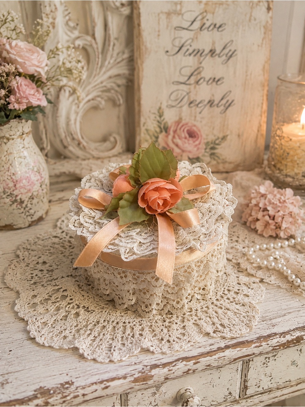 Shabby Chic Lace Trinket Box with Peach Rose Accent